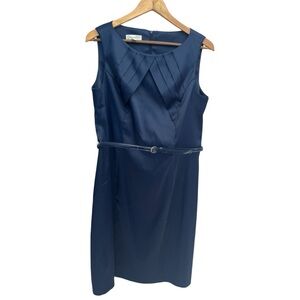 Dressbarn Sleeveless Navy Blue Pleated Neckline Belted Midi Dress Size 14